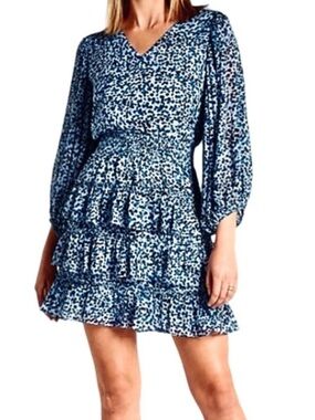 Express Tiered Ruffle Dress Chiffon V-neck Sheer Sleeves Blue White Size S